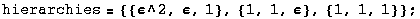 hierarchies = {{ε^2, ε, 1}, {1, 1, ε}, {1, 1, 1}} ;